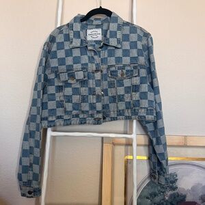 American Bazi Checkered Denim Crop Jacket – Size M, Cropped Fit, 100% Cotton
